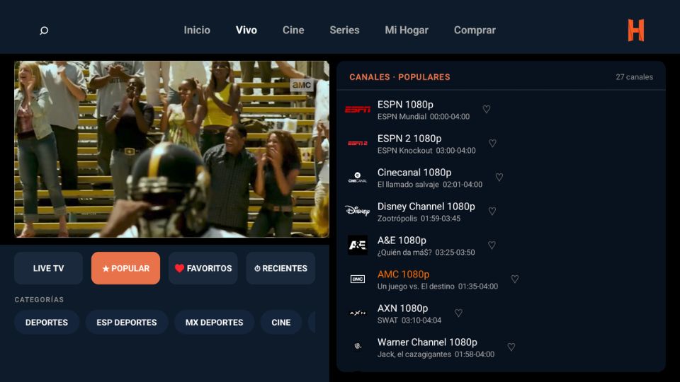 HogarTV en Smart TV mostrando canales en vivo
